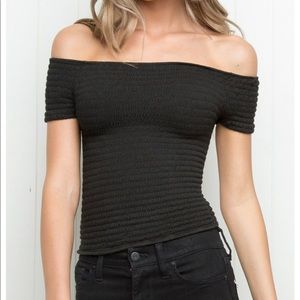 Black smocked off the shoulder brandy top